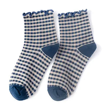 Ruffle Trim Plaid Cotton Ankle Socks